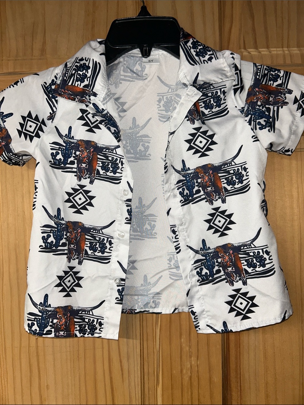 SHEIN White Short Sleeve Button-Down Shirt with Navy and Brown Western Print